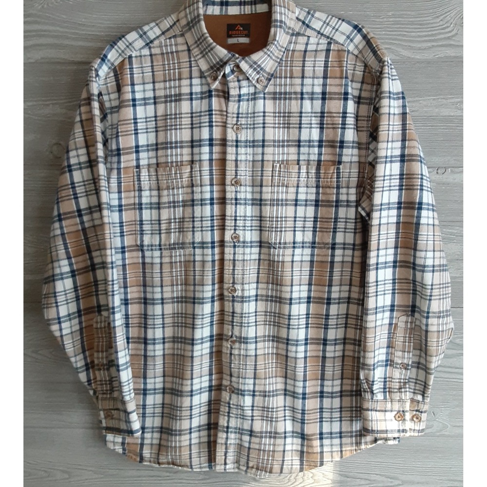 Ridgecut Toughwear Mens Large Tan Navy Plaid Flannel Button Down Shirt RC 11011